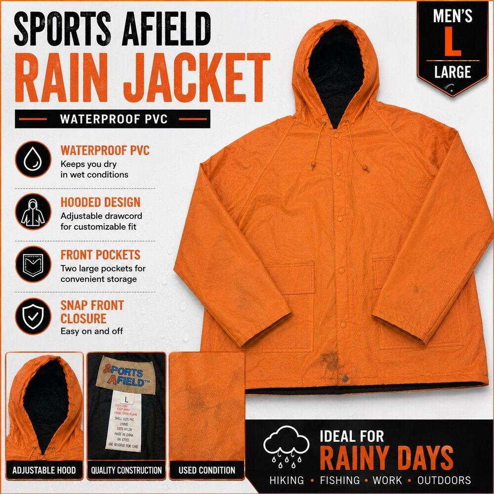 Sports Afield Mens Large Orange Hooded Rain Jacket Waterproof PVC